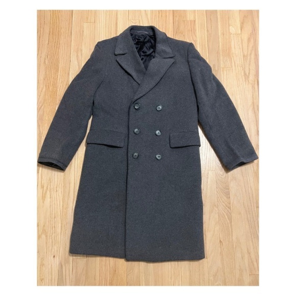 VINTAGE MEN'S DOUBLE BREASTED WOOL BLEND OVERCOAT DARK GRAY MADE IN YUGOSLAVIA